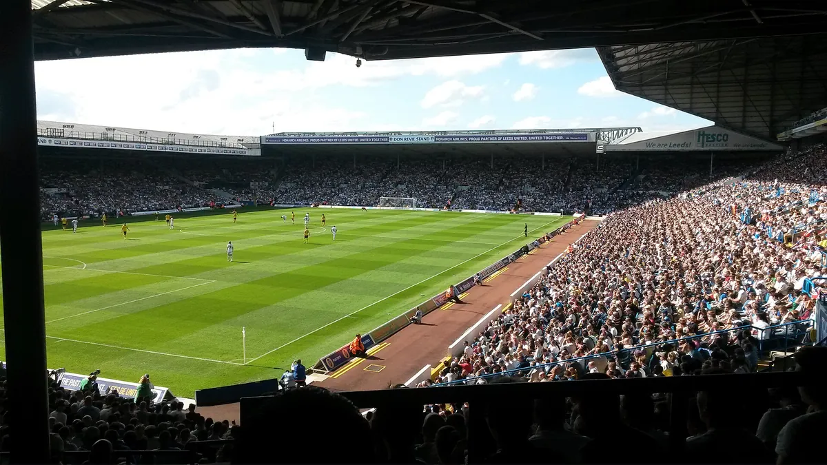 Inside Elland Road, home of Leeds United, viewed from the south-east corner on a sunny matchday