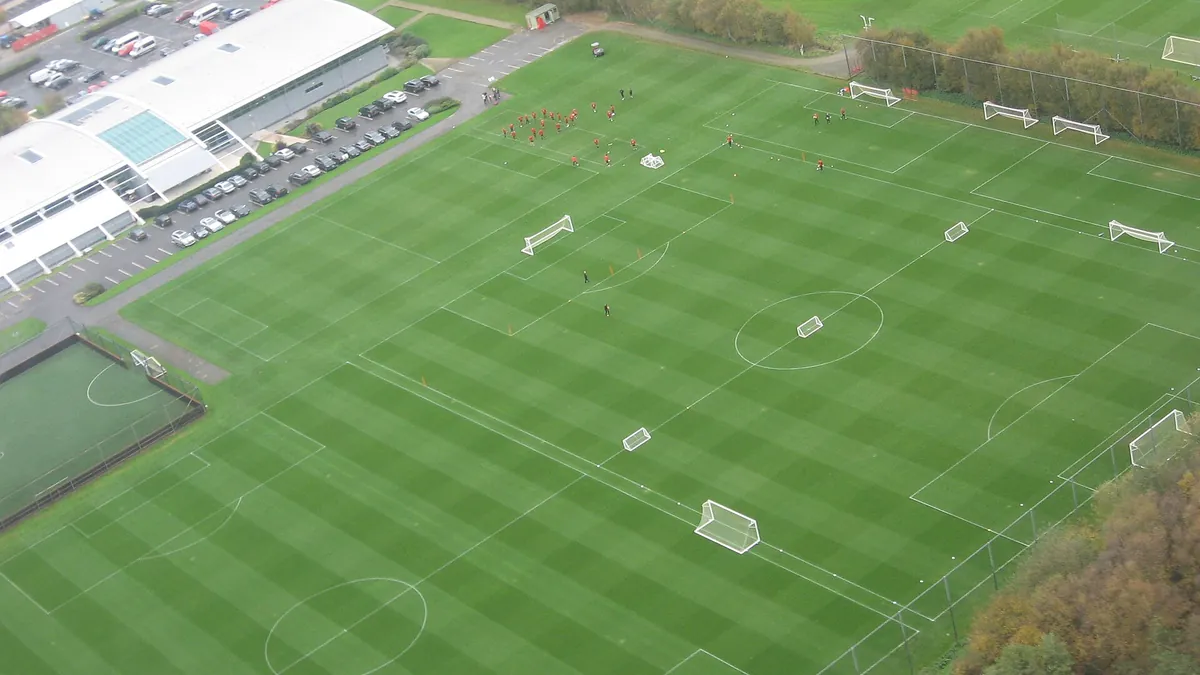 Aerial view of Manchester United's Carrington training ground and pitches